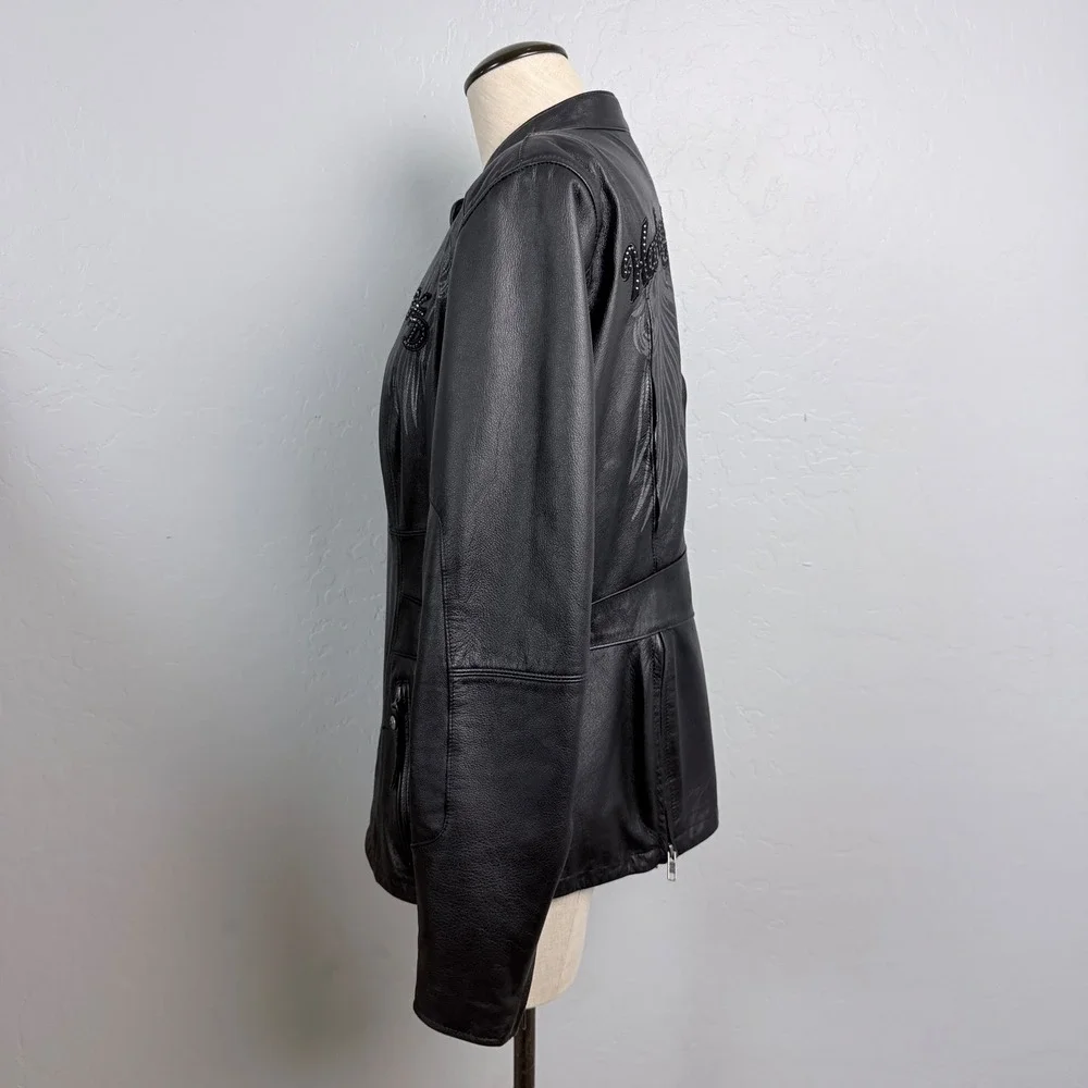 Harley-Davidson Womens Black Leather Studded Wing‎ Motorcycle Jacket Black L